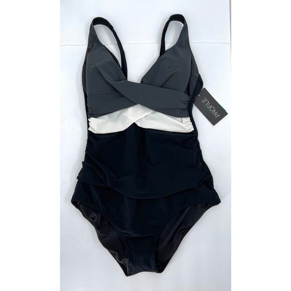 PROFILE BY GOTTEX Lets Twist One Piece Swimsuit Women 16 Black Gray V Neck Tank - Picture 4 of 16